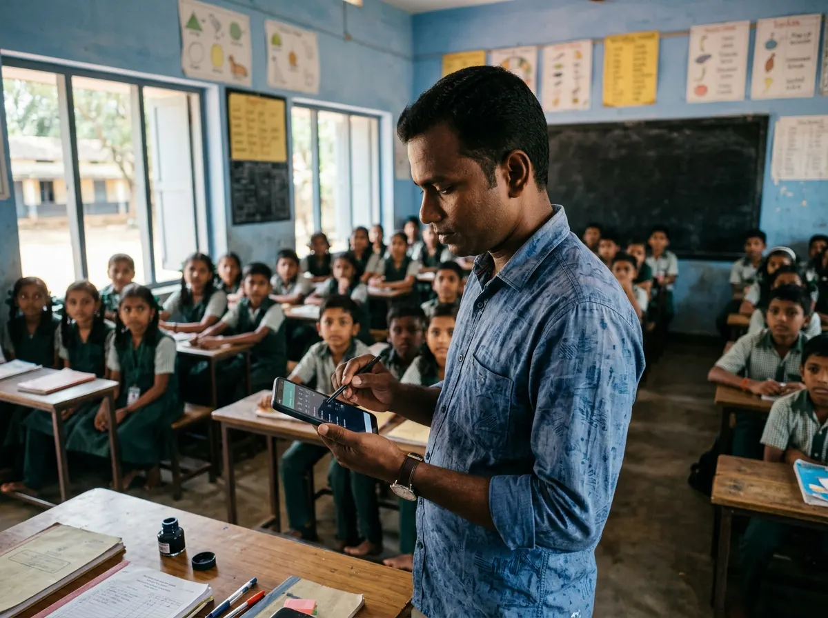 Teacher marking attendance on his phone in front of a classroom of students