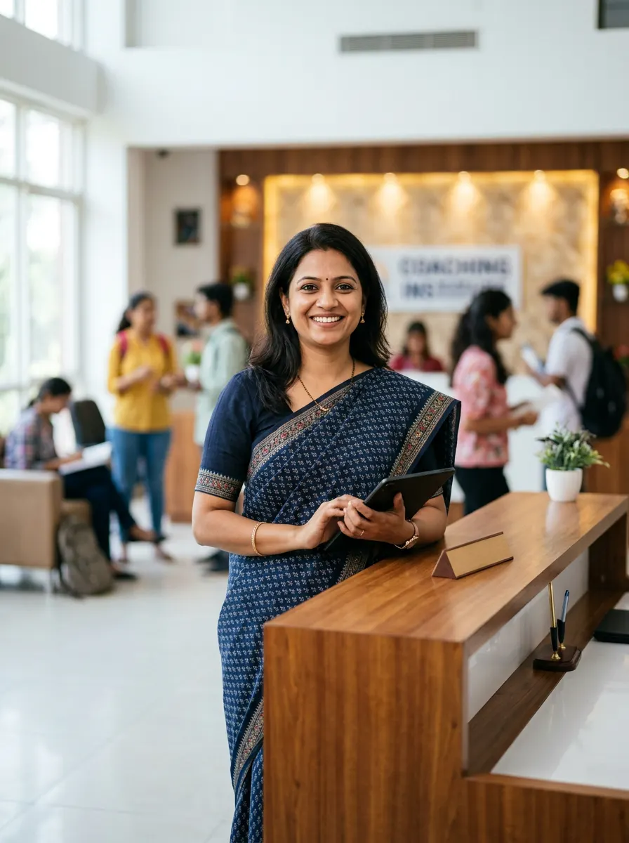 Smiling coaching institute director holding a tablet at the front desk of her institute