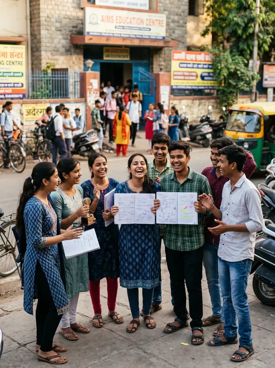 Happy students showing their notebooks outside an Indian coaching centre