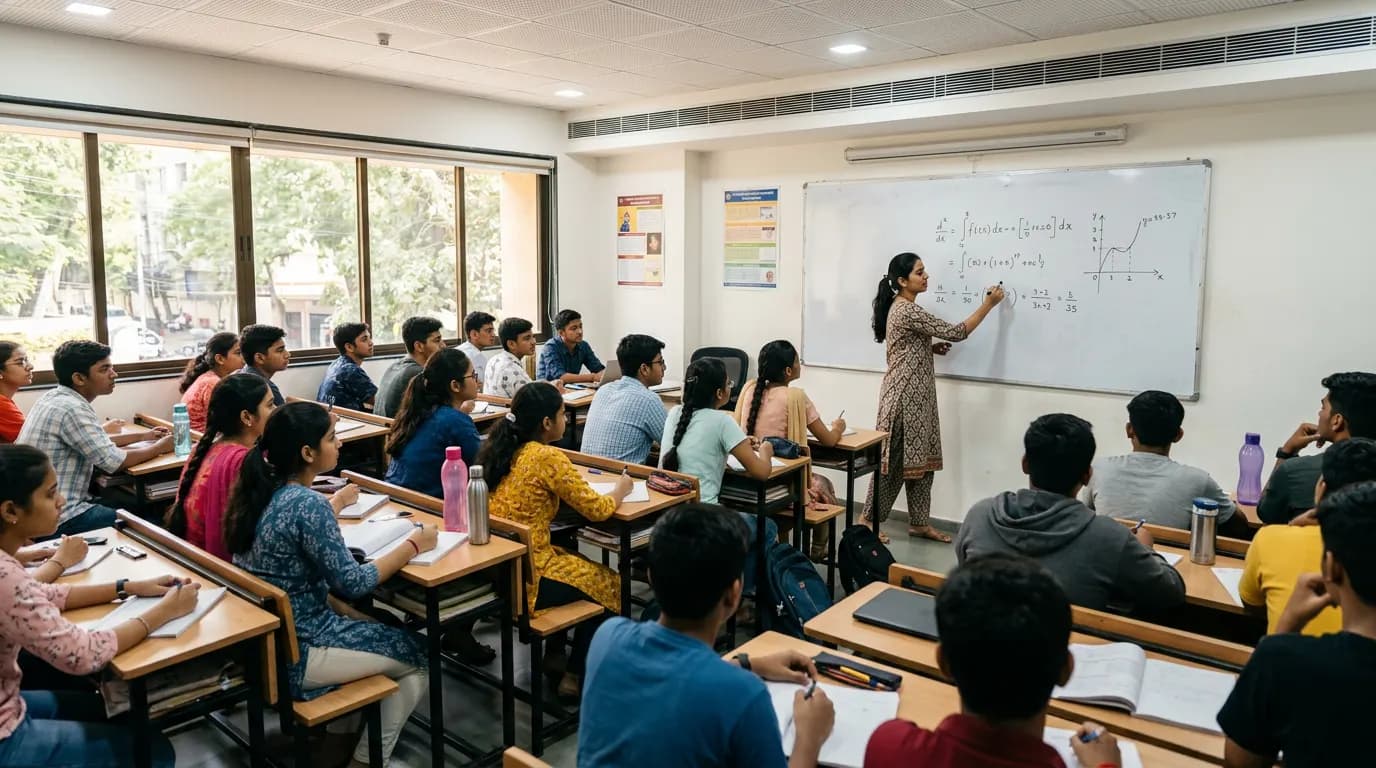 Teacher solving a maths problem on the whiteboard in a busy Indian coaching classroom