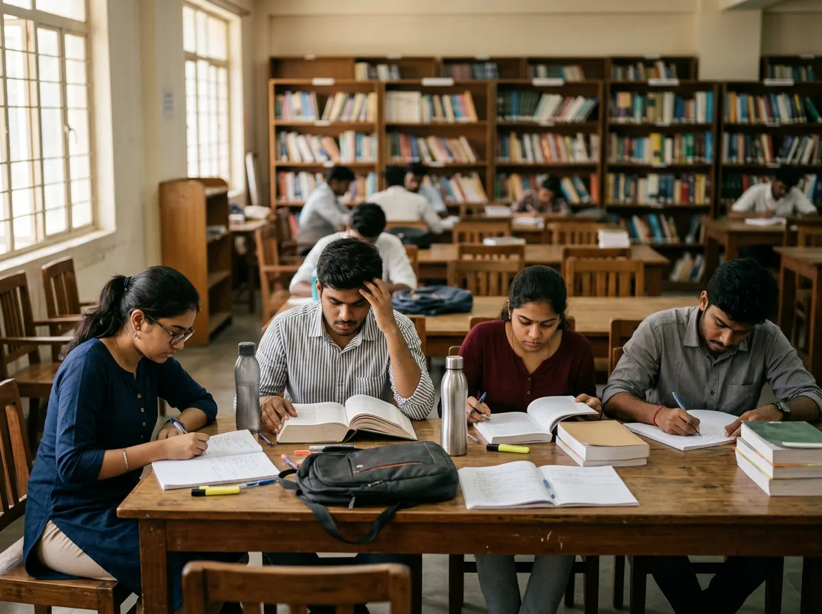 Aspirants preparing for competitive government exams in a coaching classroom