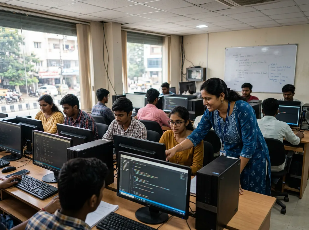 Students learning on desktop computers at a computer training institute