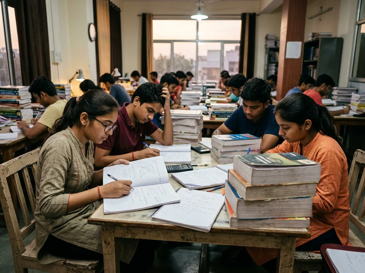 Students in a JEE and NEET coaching class studying physics and chemistry