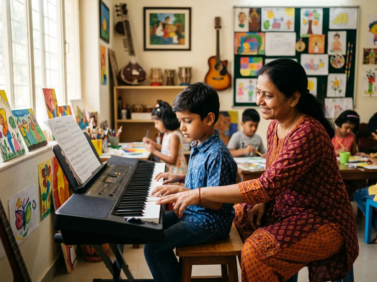 Music teacher guiding a young student on the keyboard in a bright arts academy