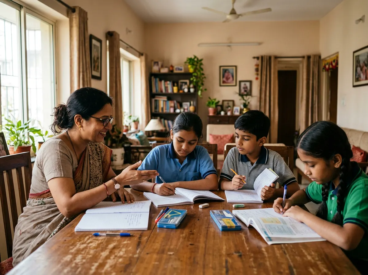 Tutor teaching a small group of school students at a tuition centre