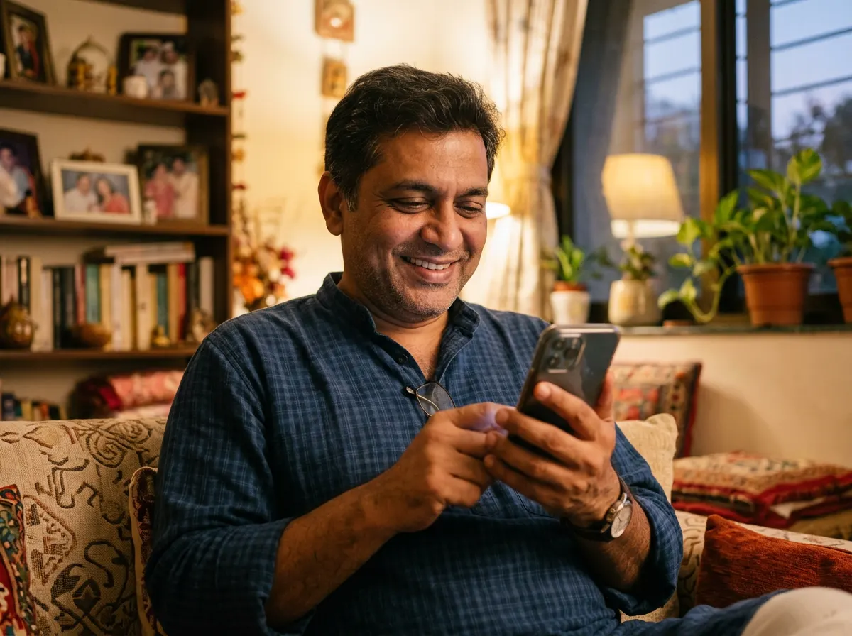 Smiling father checking his child's coaching fees and attendance on his phone at home